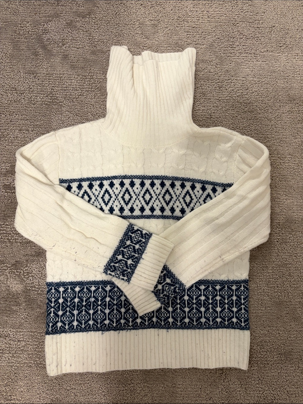 Northern Reflections Cream Turtleneck Sweater with Navy Geometric Panels